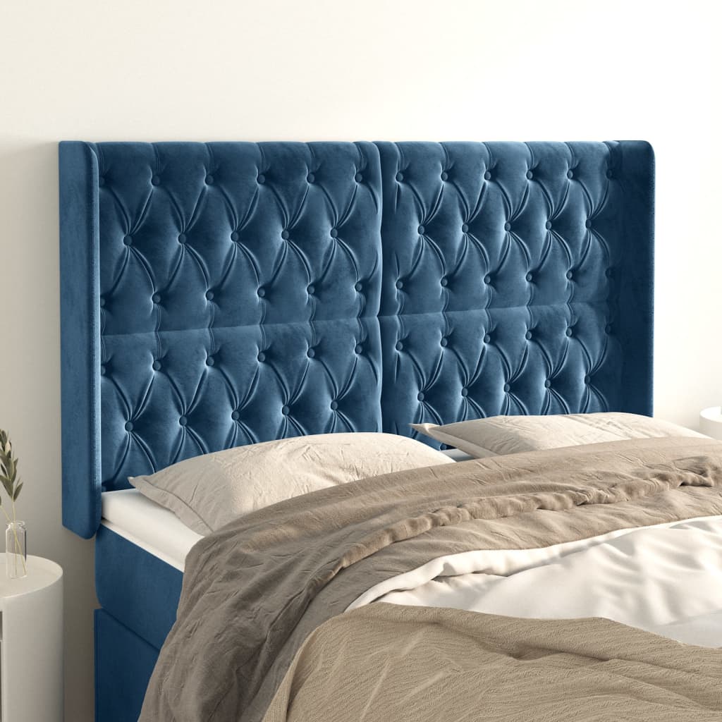 Cabeceira cama c/ abas veludo 163x16x118/128 cm azul-escuro ptob6690