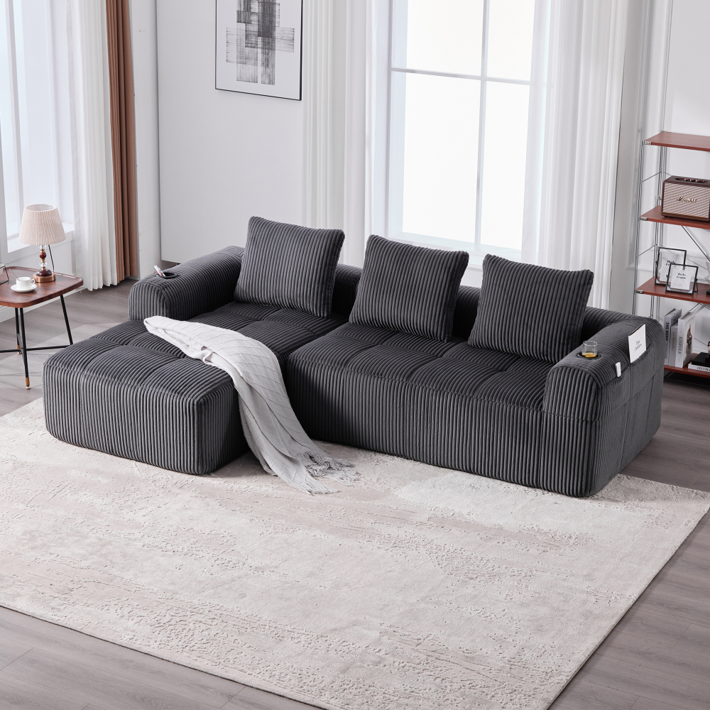 Sofá modular compacto bombazina cinzento escuro porta-copos 3 almofadas