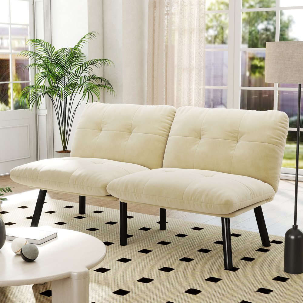 Sofá cama dobrável em veludo creme 2 lugares para espaços pequenos