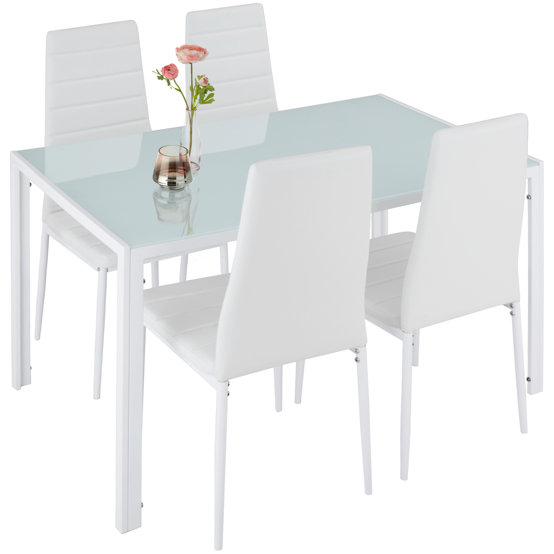Tectake conjunto de mesa jantar 4 cadeiras vidro temperado, branco