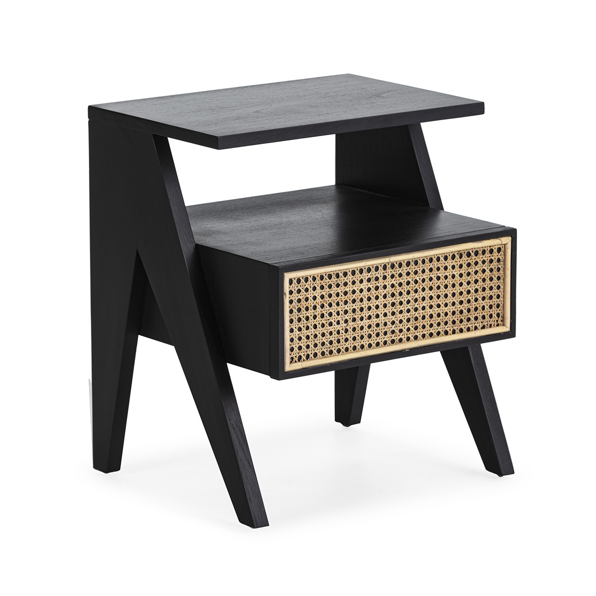 Mesa de cabeceira 45x38x49 em madeira preta com revestimento em rattan natu