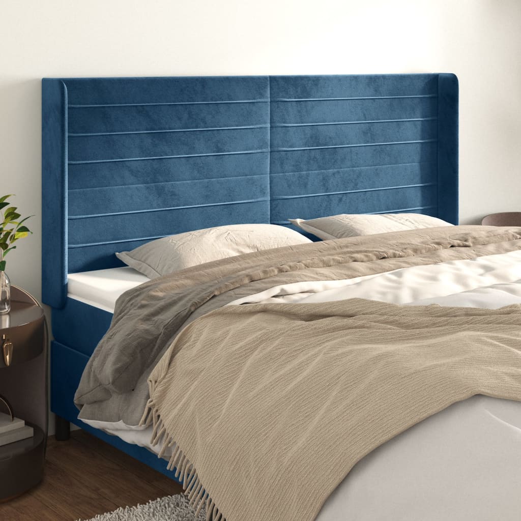 Cabeceira cama c/ abas veludo 183x16x118/128 cm azul-escuro ptob9198