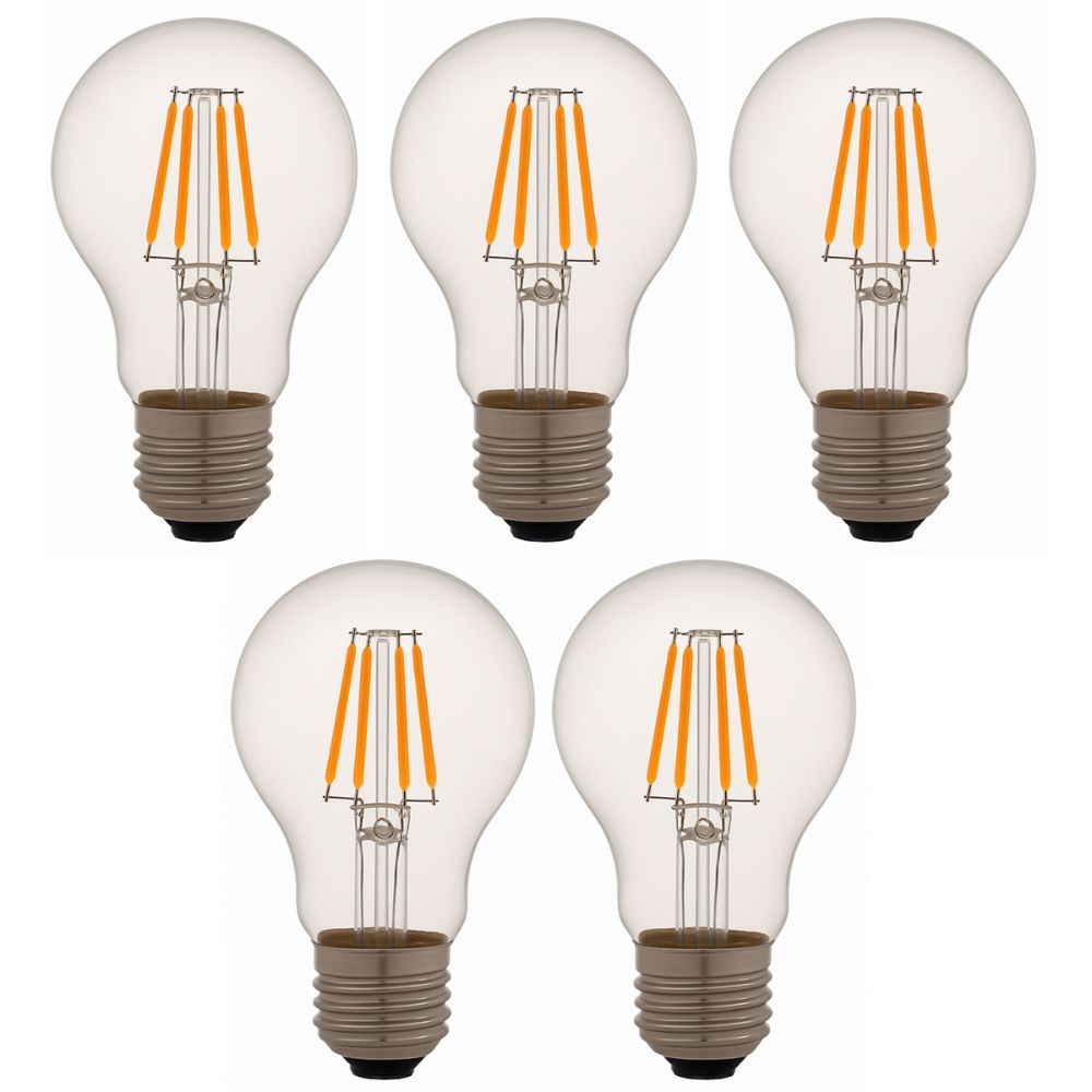 Pack x5 lâmpada LED a60 E27 filamento 6w 650lm. Luz quente 2700k