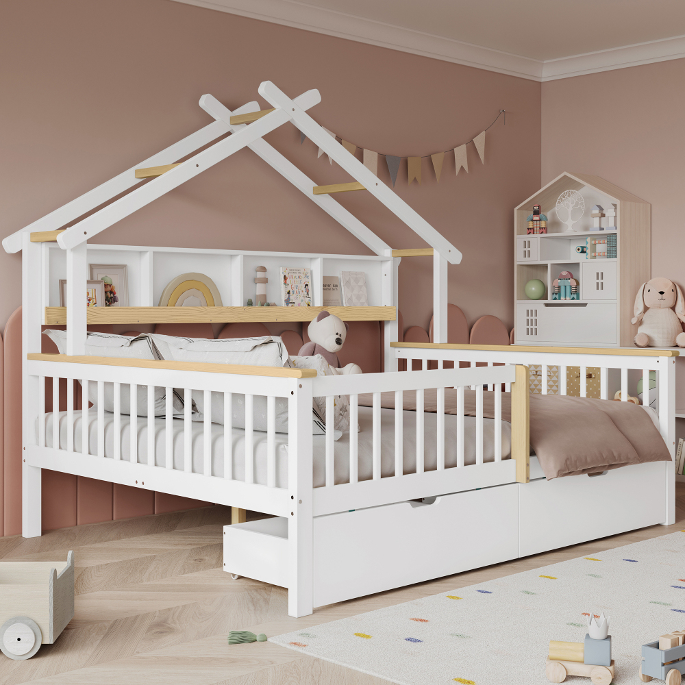 Cama infantil 140x200cm com arrumação e grade madeira – branco e natural
