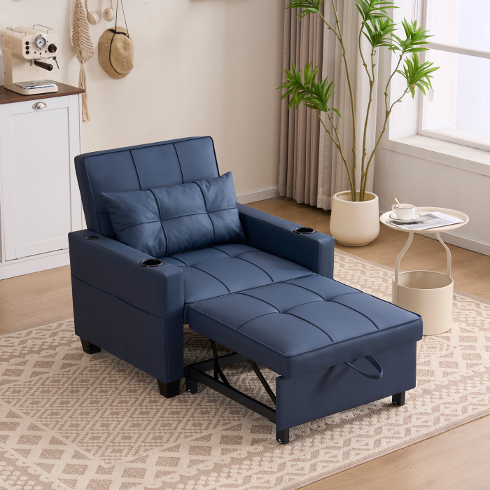 Sofá cama individual 3 em 1 azul em madeira e metal com bolsa lateral