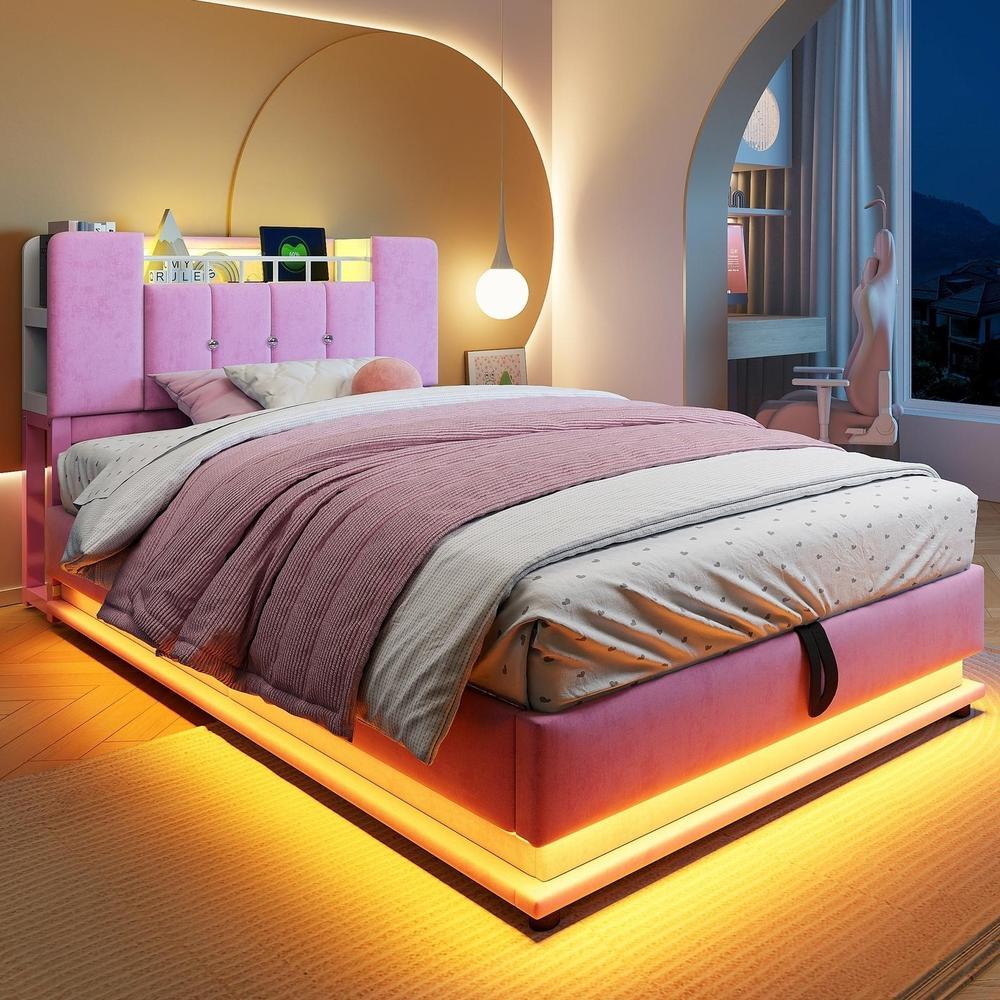 Cama acolchoada infantil 90x200cm com LED usb e arrumação rosa