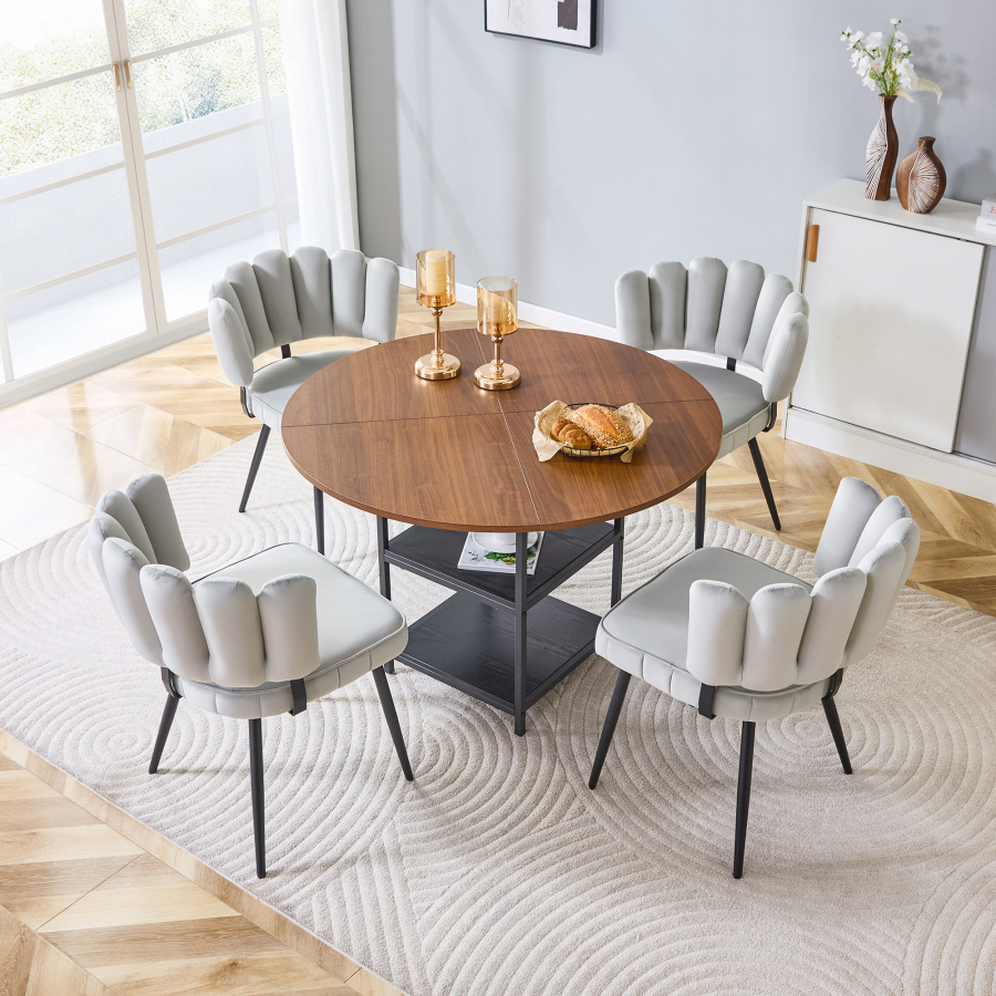 Conjunto mesa redonda e 4 cadeiras em tecido cinzento claro e nogueira