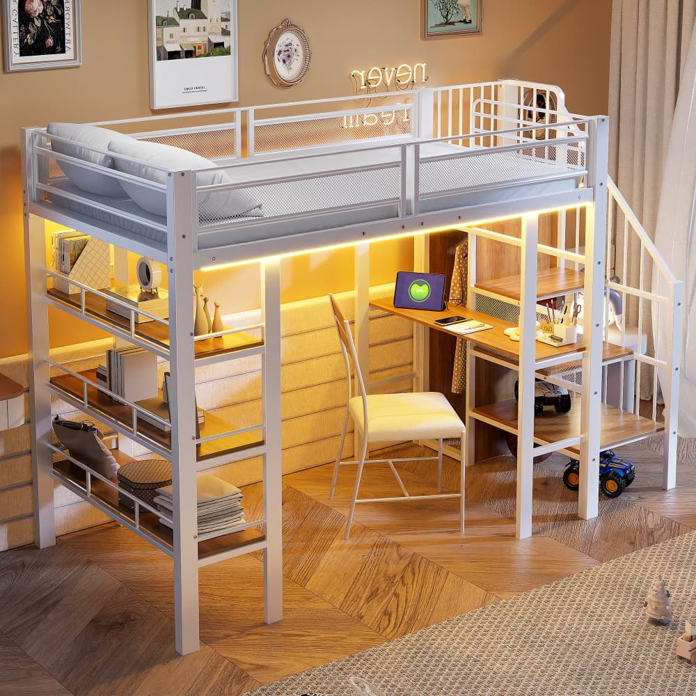 Cama alta 90x200cm com estante secretária e arrumação metal – branco