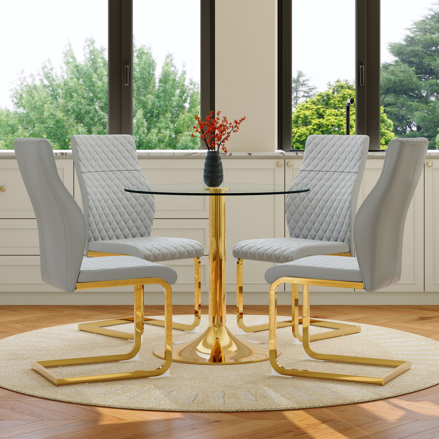 Conjunto mesa e 4 cadeiras redonda vidro temperado dourado cinzento claro