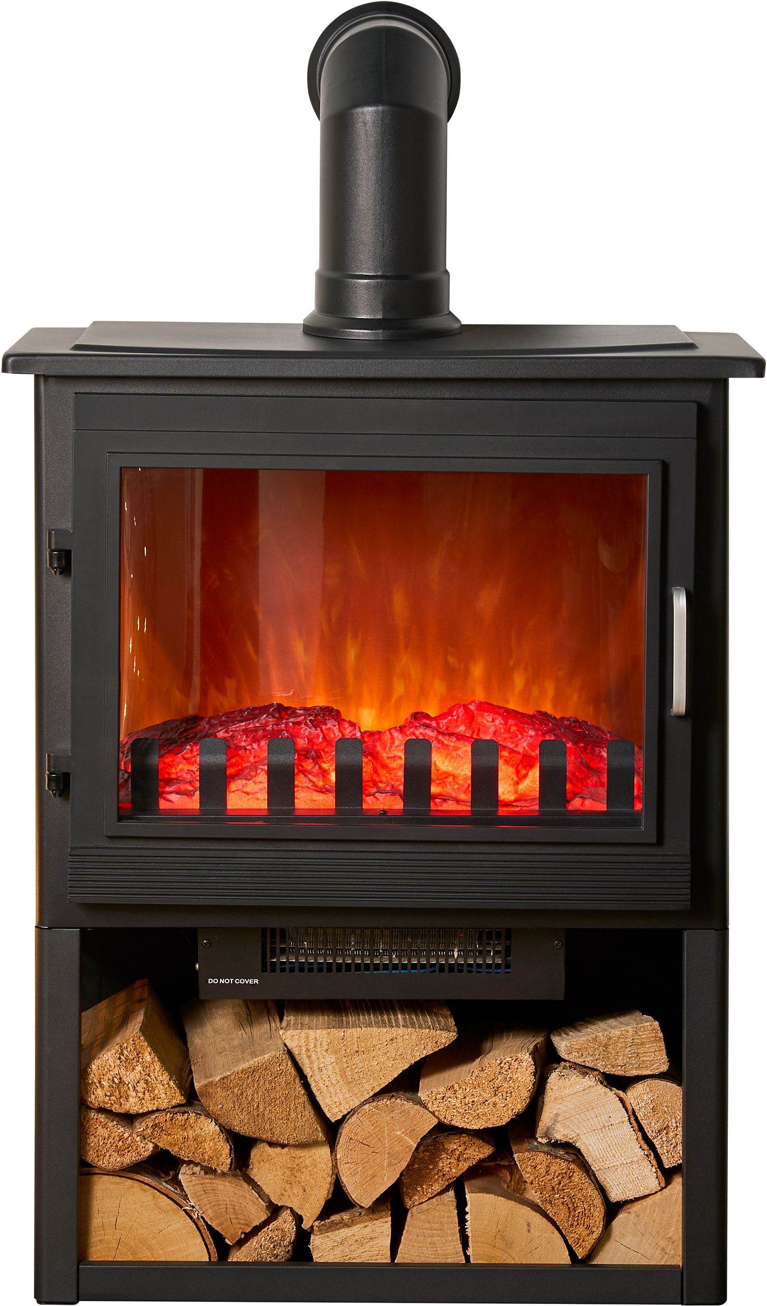 Fogão elétrico Sureflame Marlow em preto com tubo de chaminé em ângulo