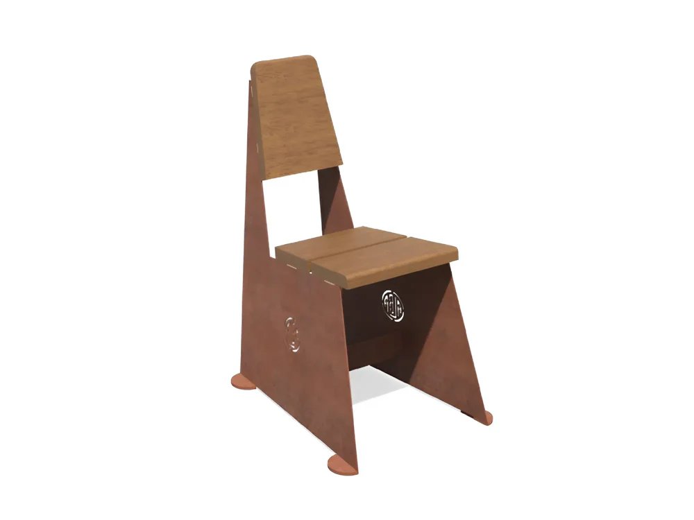 Cadeira ergonómica de exterior em aço corten e madeira de kambala escura