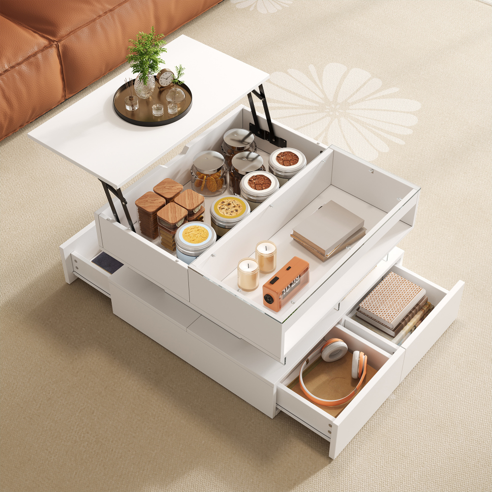 Mesa de centro elevatória com LED painel branco 57x70x67cm