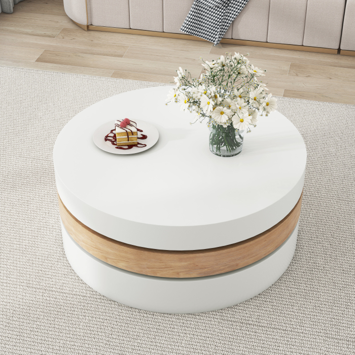 Mesa de centro giratória redonda branco e natural 35,1x60x60cm