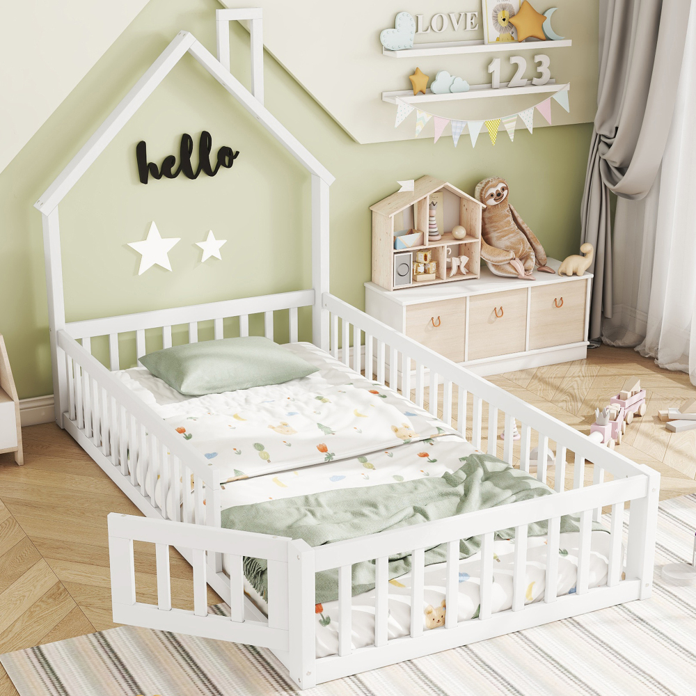 Cama casinha 90x200cm com chaminé madeira de pinheiro – branco