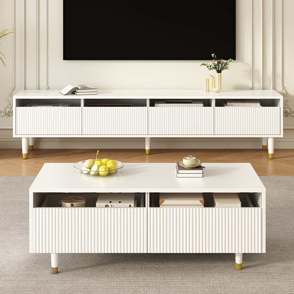 Móvel para televisão + mesa de centro, branco + dourado