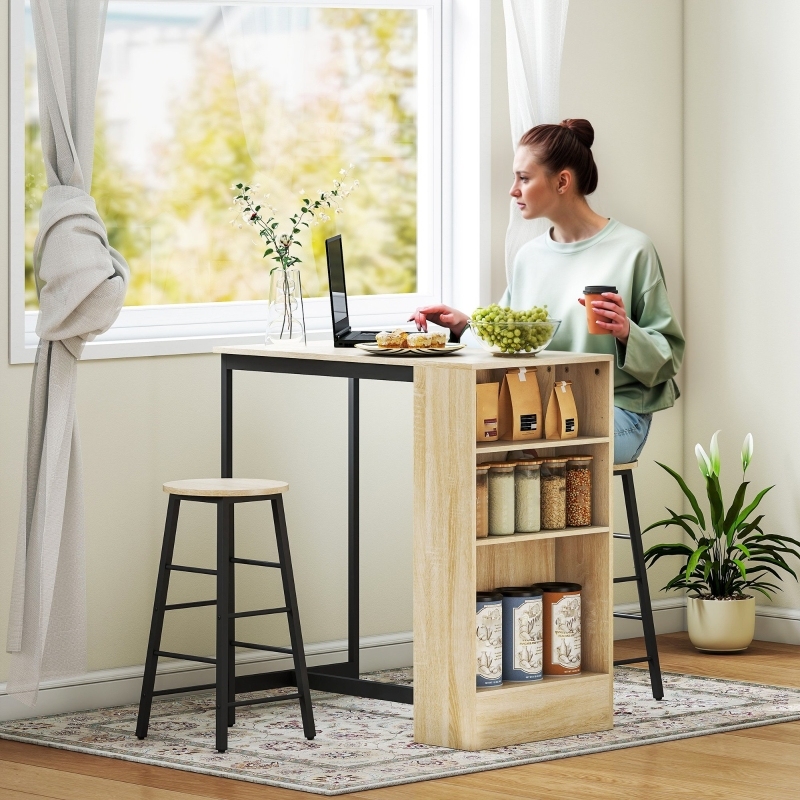Conjunto de mesa alta com 2 bancos e arrumação - preto - efeito carvalho
