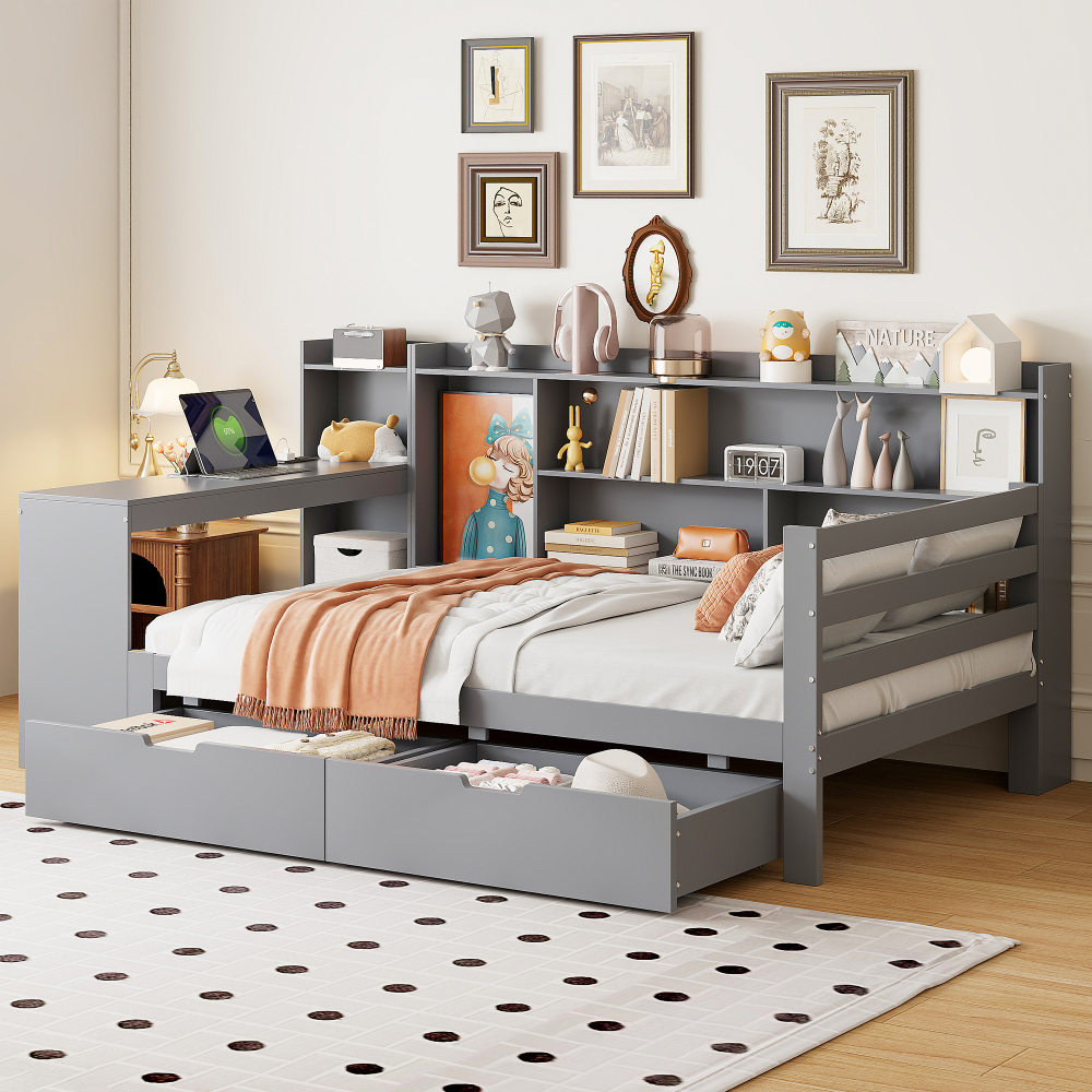 Sofá cama 90x200cm com escrivaninha, estantes e arrumação madeira cinzento