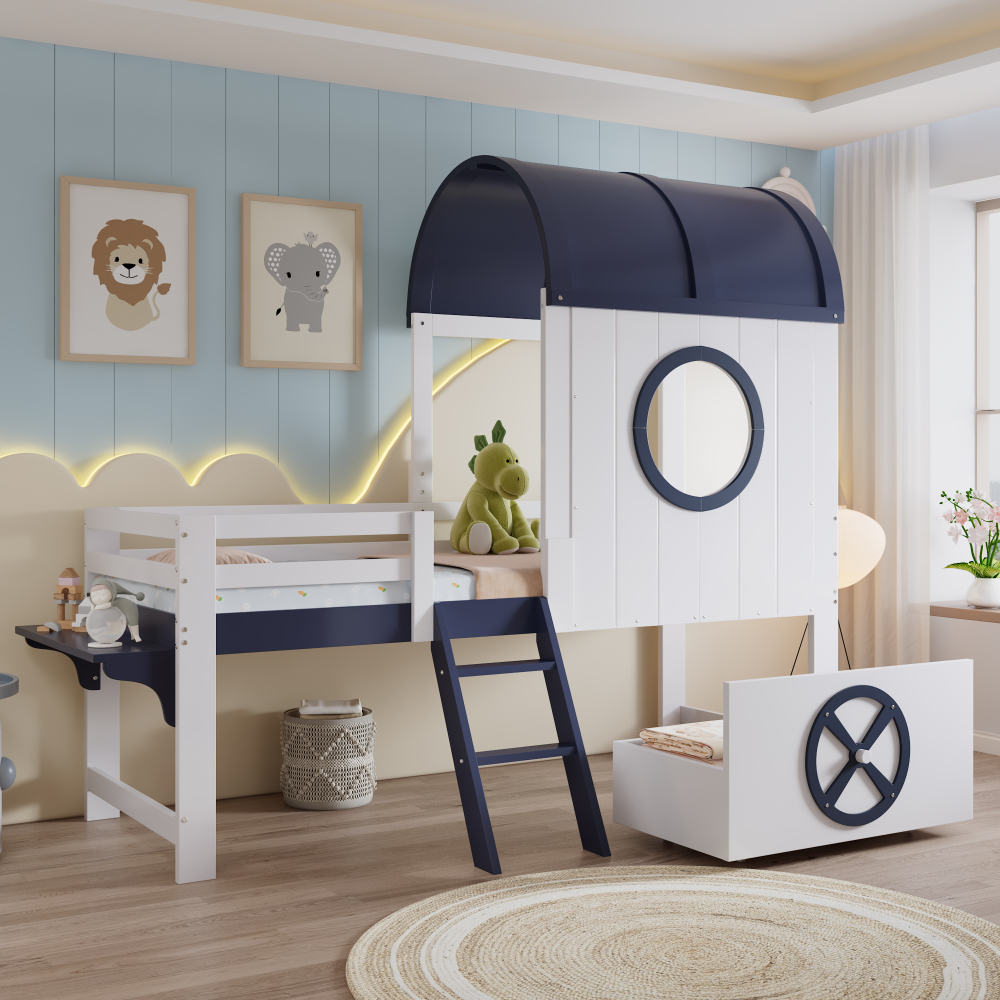 Cama casinha 90x200cm com arrumação e escada madeira – branco e azul escuro