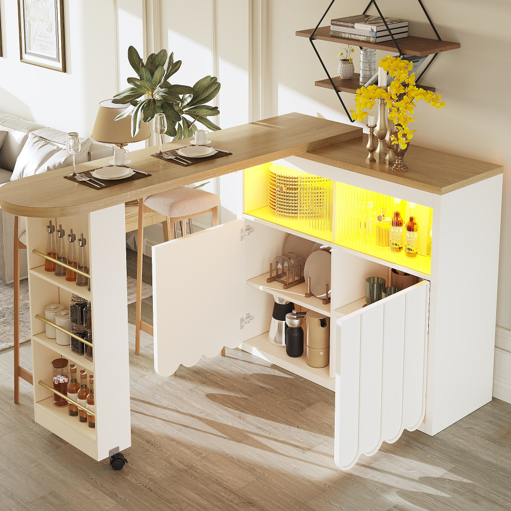 Mesa de bar móvel com LED e arrumação branco 100x135-205x39cm
