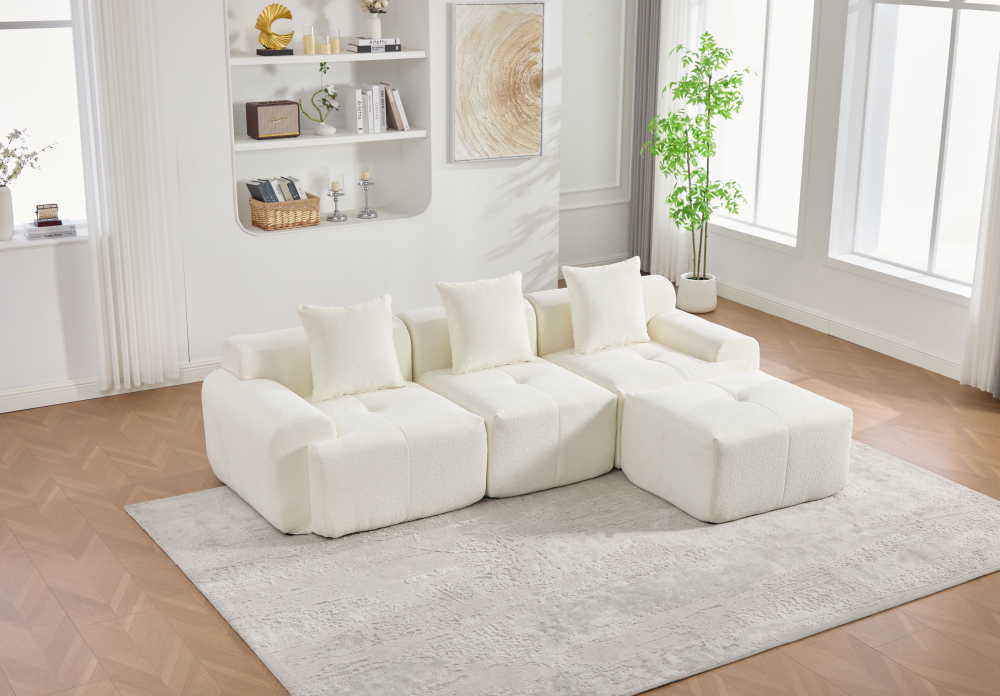 Sofá modular de canto em chenille cinzento escuro com porta copos