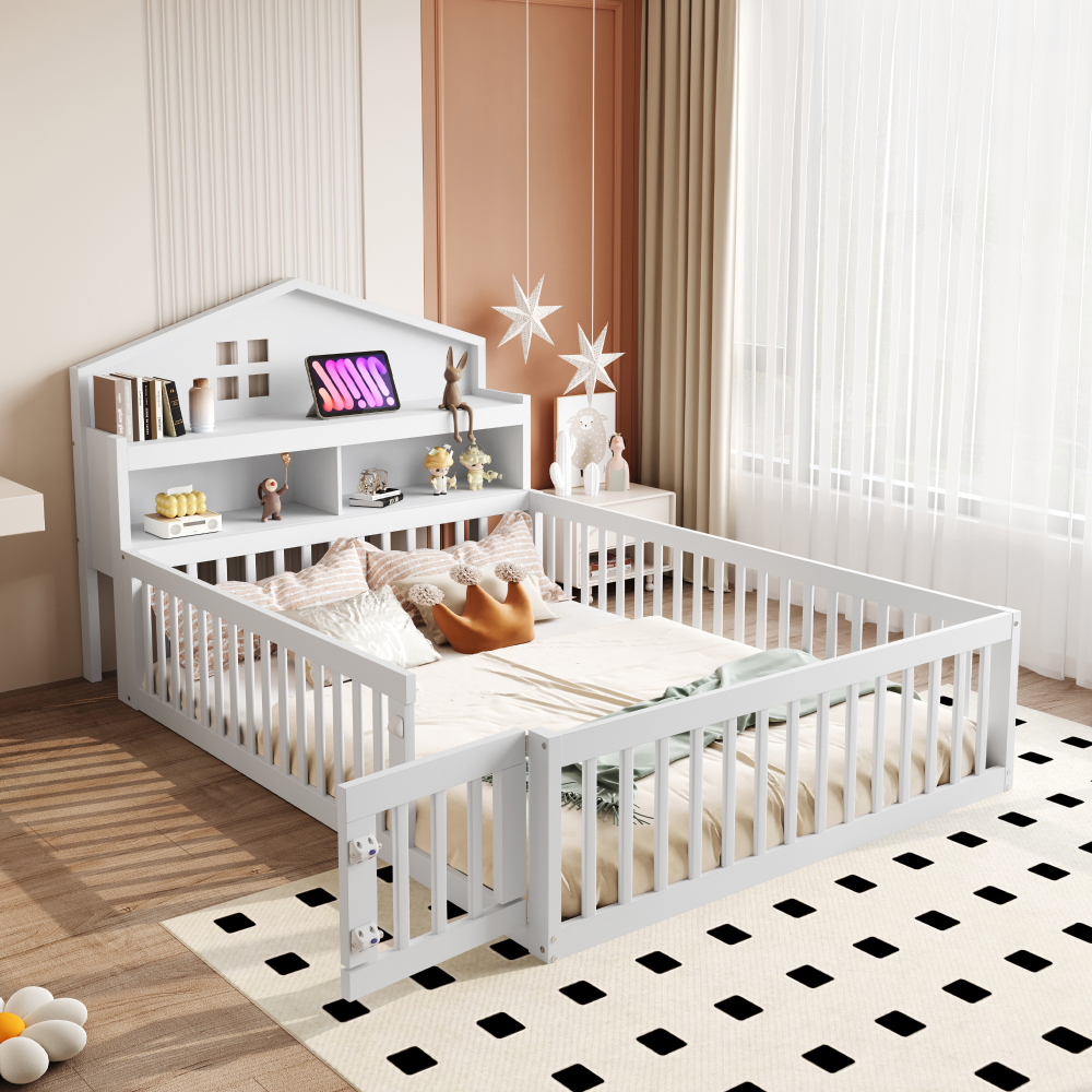 Cama infantil 140x200cm casa com arrumação madeira branco