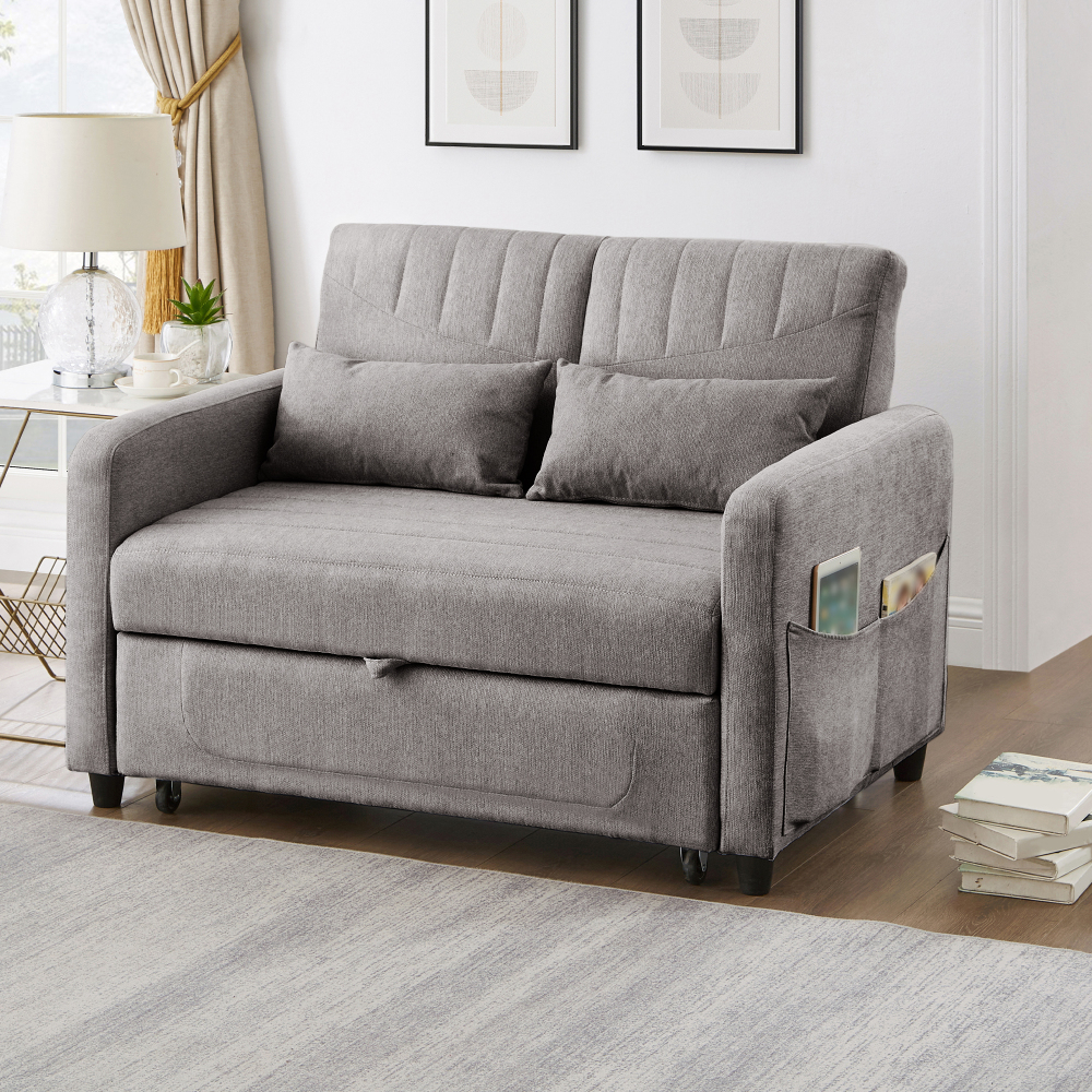 Sofá-cama 2 lugares cinzento em aLGodão e linho com encosto ajustável