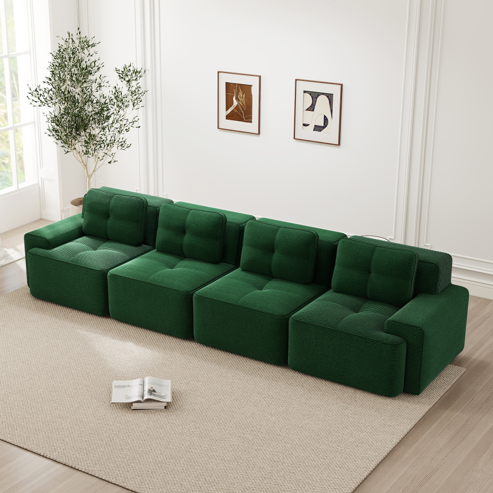 Sofá modular 4 lugares em bombazina verde com assento fundo