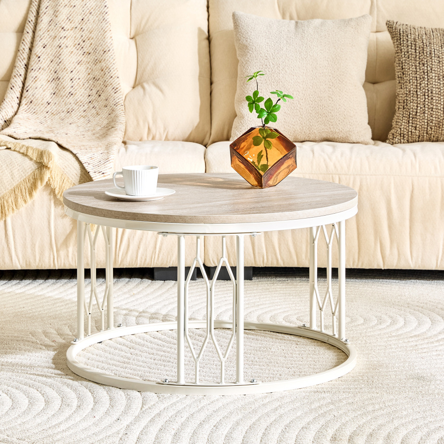 Mesa de centro redonda mdf e metal branca 40,5x70cm