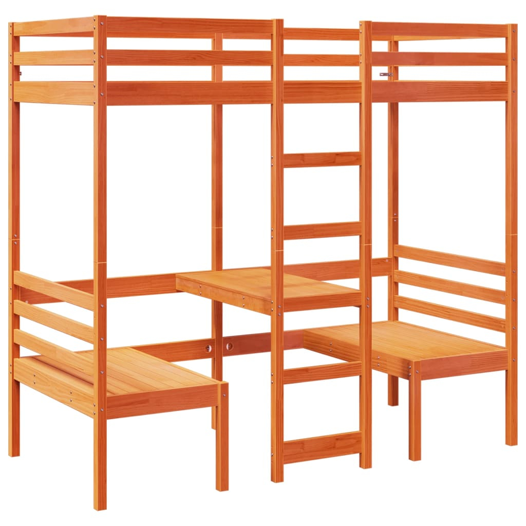 vidaXL cama alta escritorio y estantes madera maciza marrón 90x200 cm