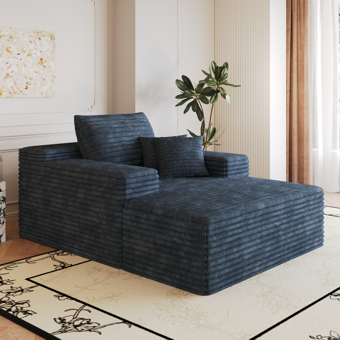 Sofá chaise longue tecido azul com assento profundo e confortável