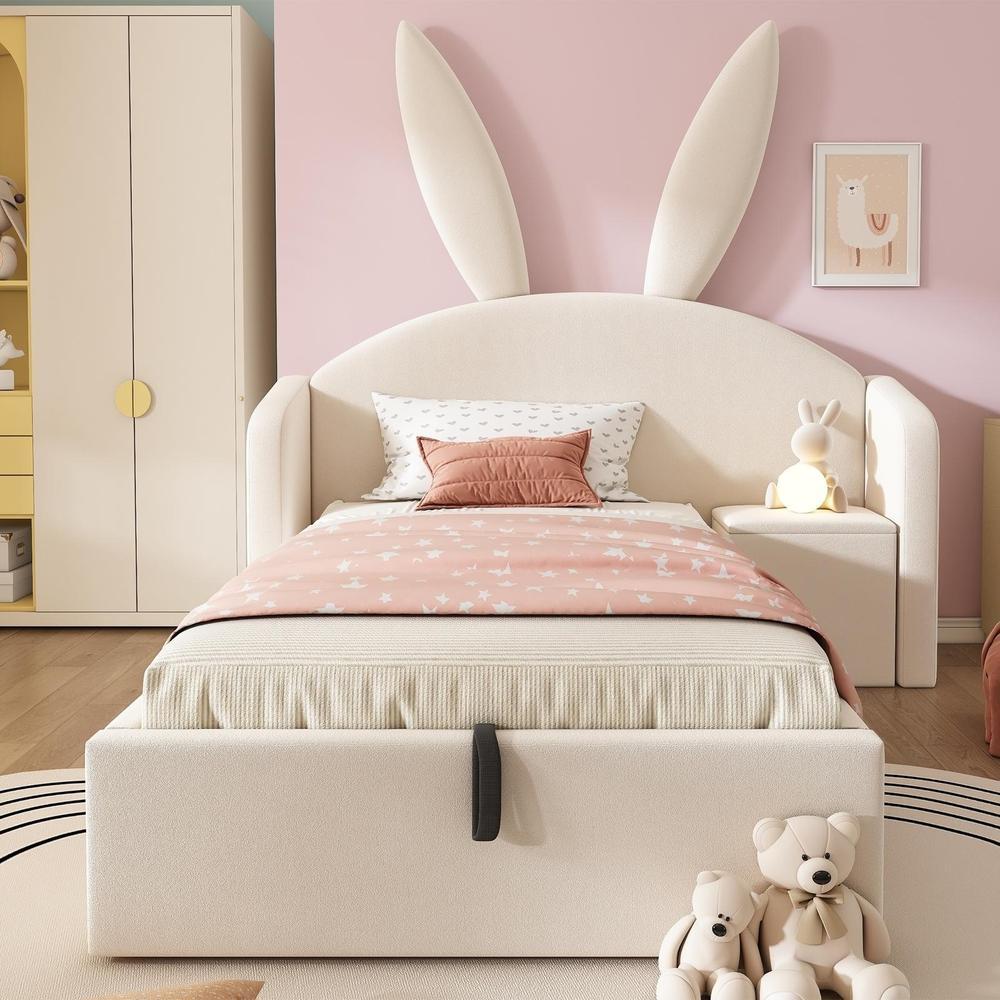Cama infantil veludo com orelhas de coelho e baú 90x190cm bege