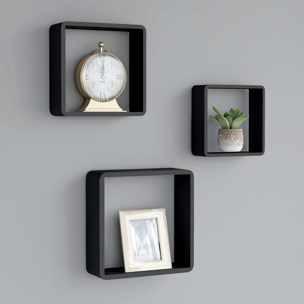 Prateleiras de parede em forma de cubo 3 pcs mdf preto pt1856