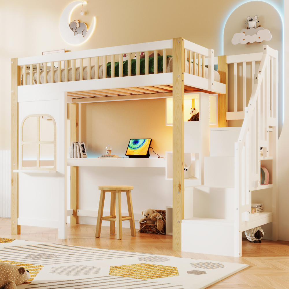 Cama alta 90x200cm com secretária arrumação madeira – branco e natural