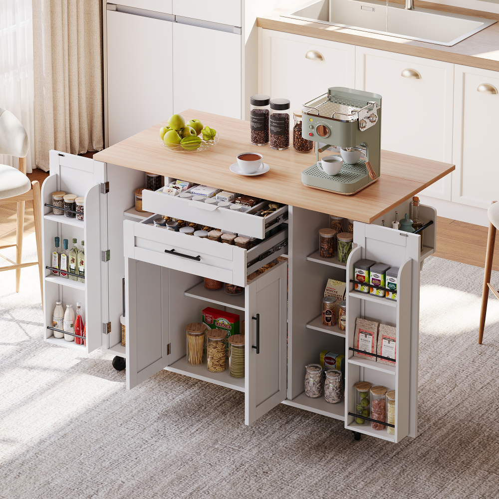 Ilha de cozinha com rodas em mdf branco e natural com extensão