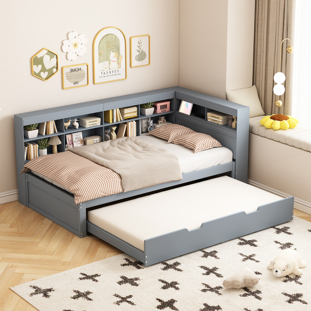Sofá-cama individual extensível em madeira cinzento usb arrumação 90x200cm