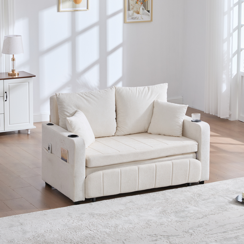 Sofá cama dobrável em chenille bege 2 lugares com bolsos laterais