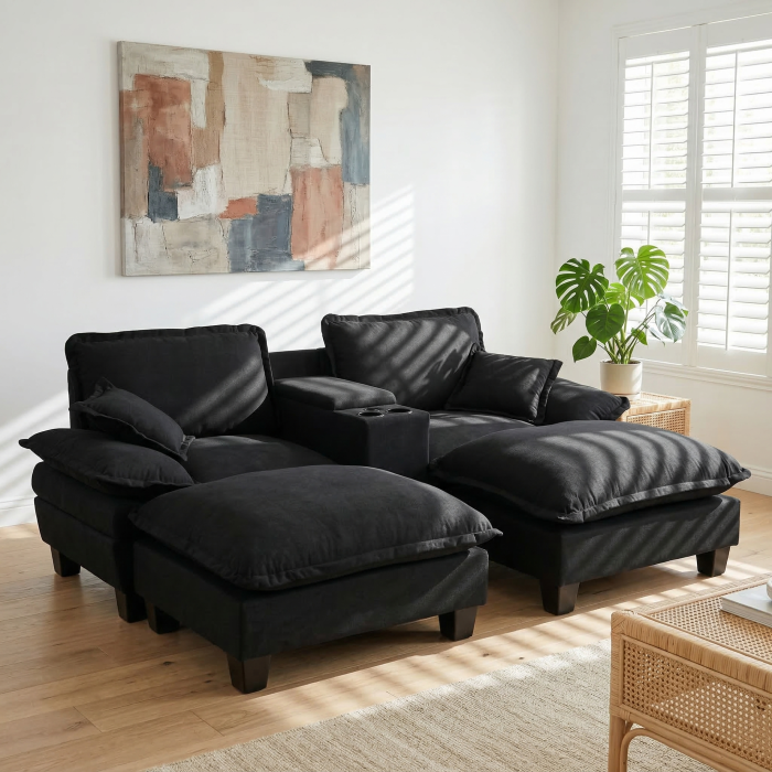 Sofá modular em chenille preto arrumação porta-copos usb 224x151x90cm