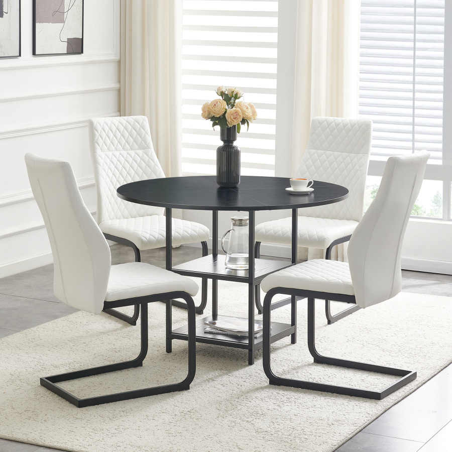 Conjunto mesa redonda e 4 cadeiras de jantar branco e preto com arrumação