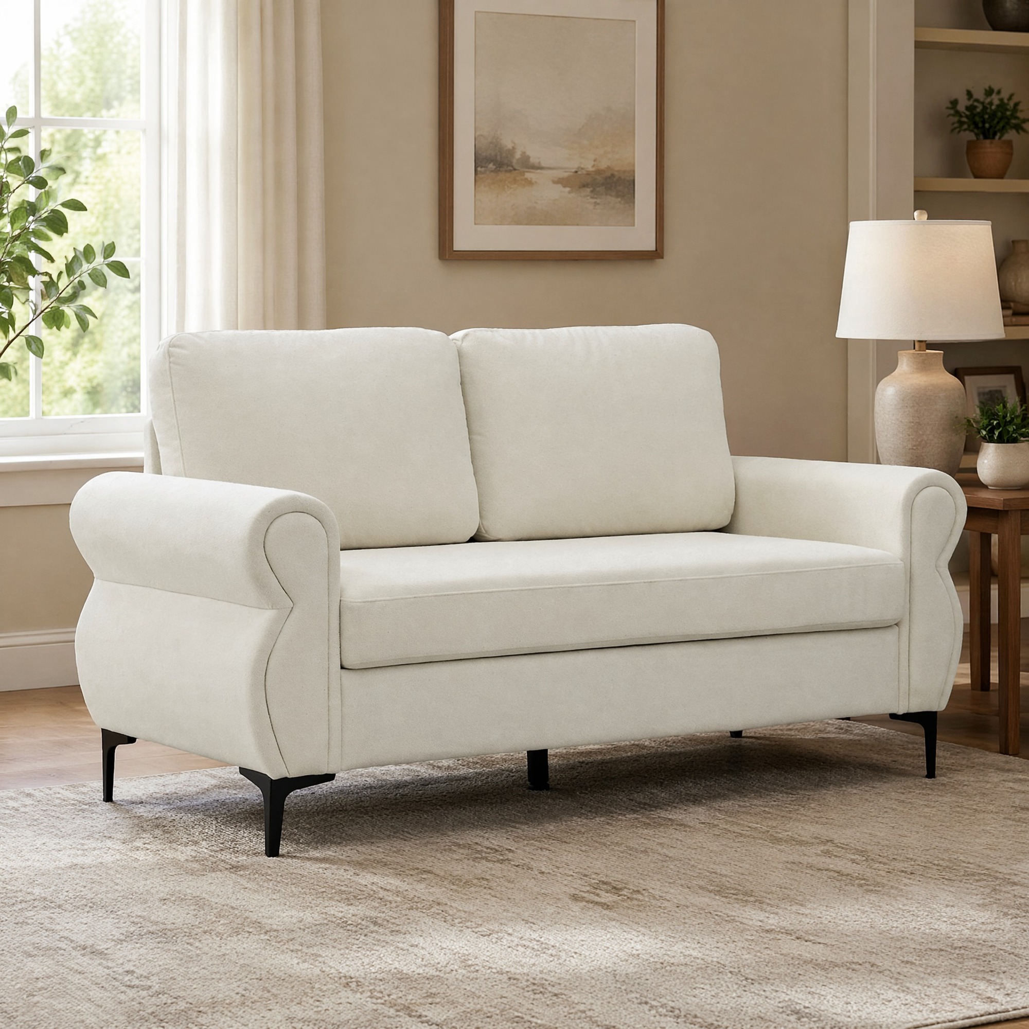 Sofá moderno em tecido e metal - branco creme - com capa removível e molas
