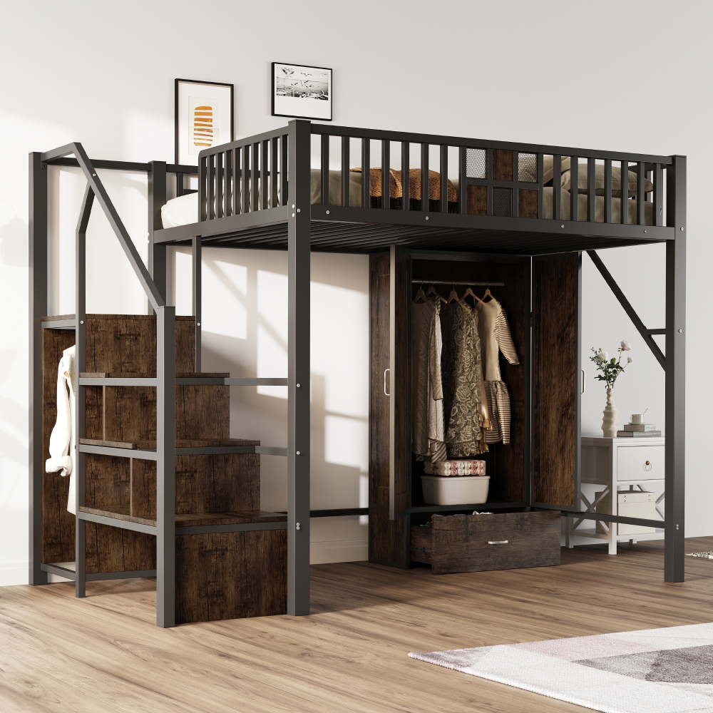 Cama alta 140x200cm com guarda-roupa e escadas de arrumação preto