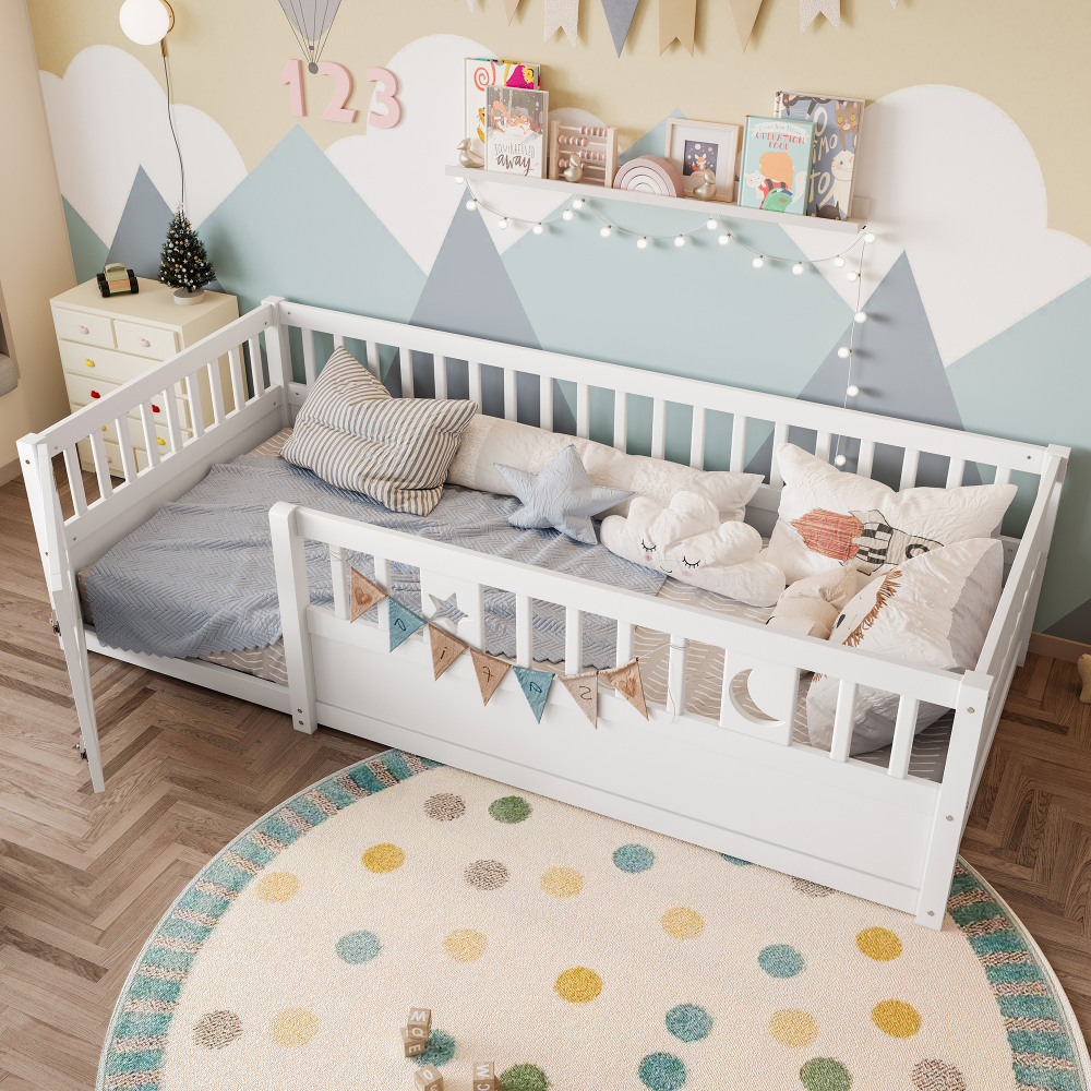 Cama infantil 90x190cm com grade e fecho madeira de pinheiro – branca