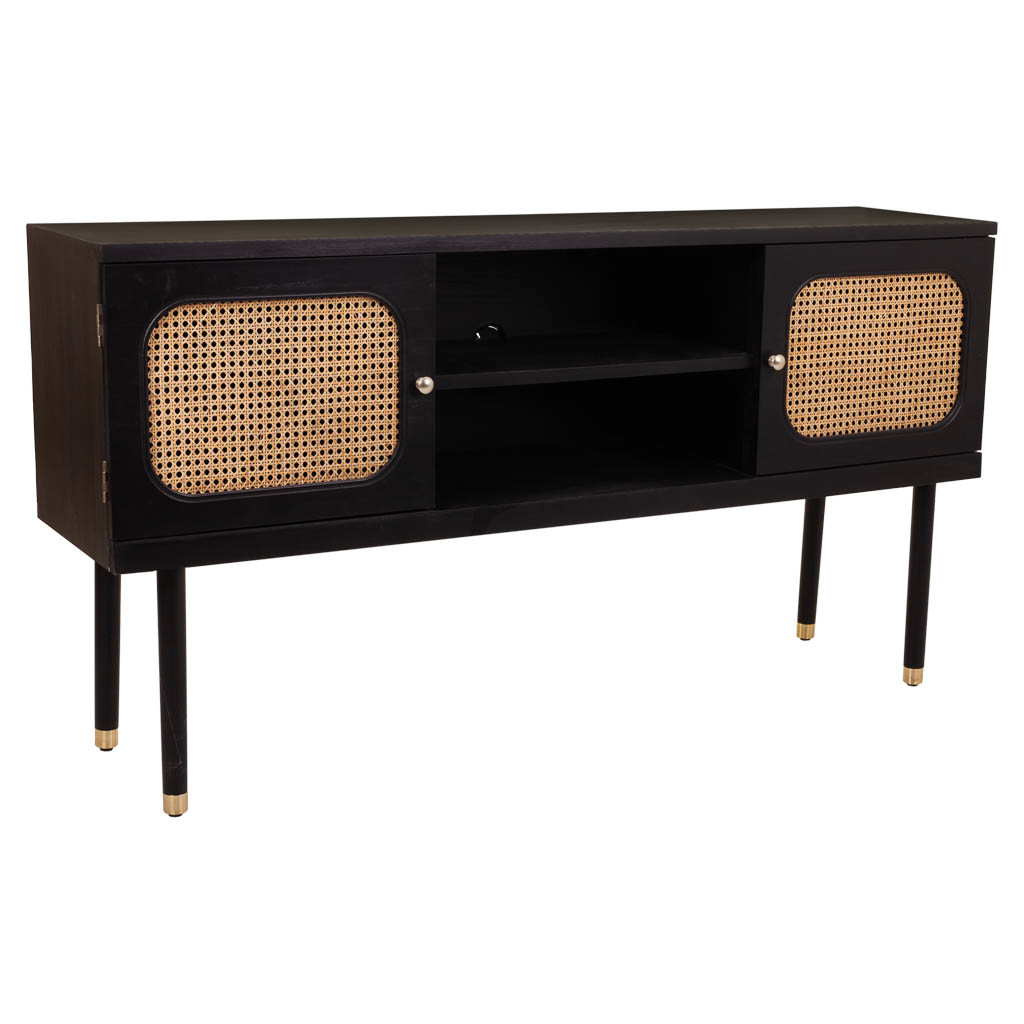 Aparador de madeira e malha de bambu com duas portas preto 152,5x38x81