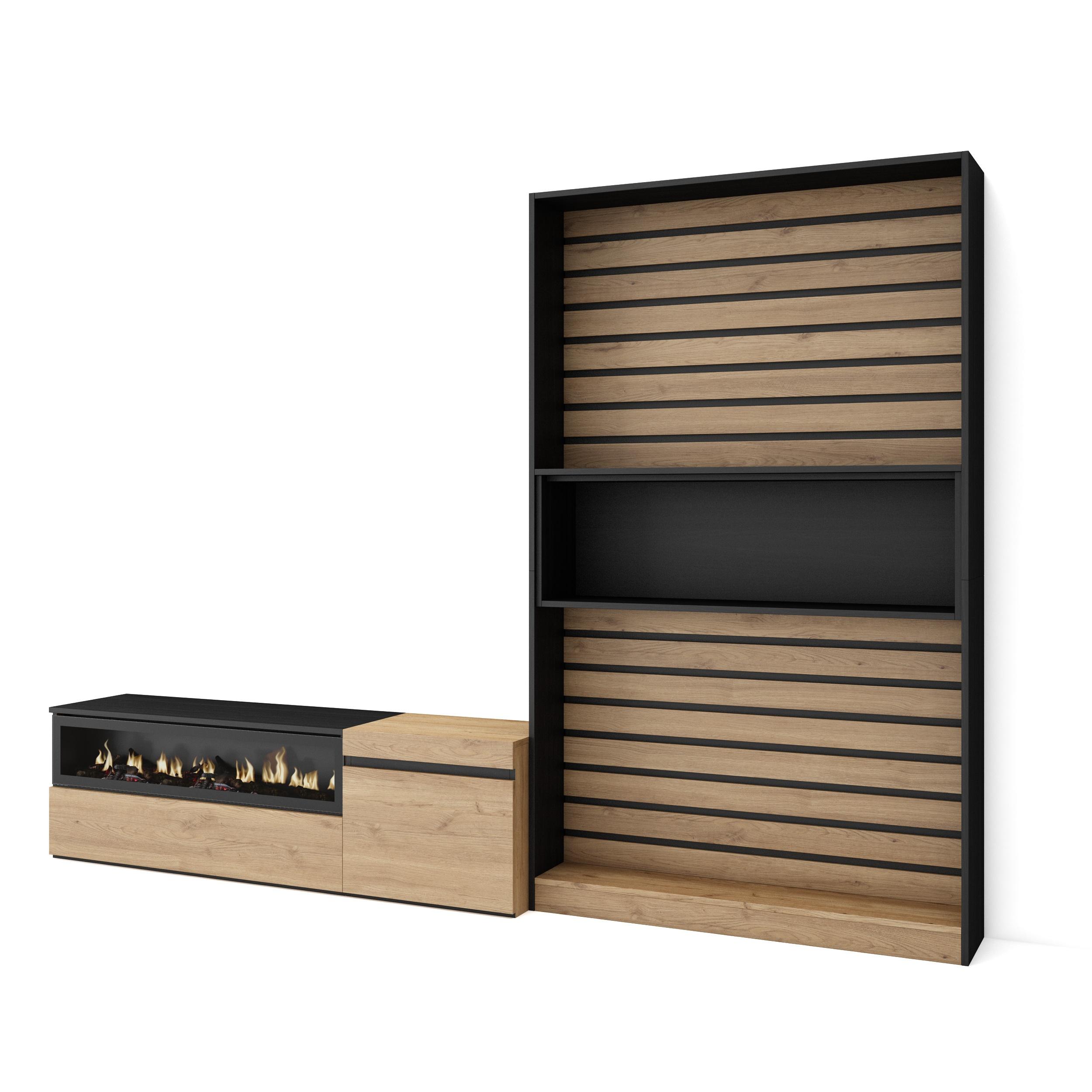 Móveis tv, 260x35x186cm, carvalho e preto, lareira eléctrica rf2536
