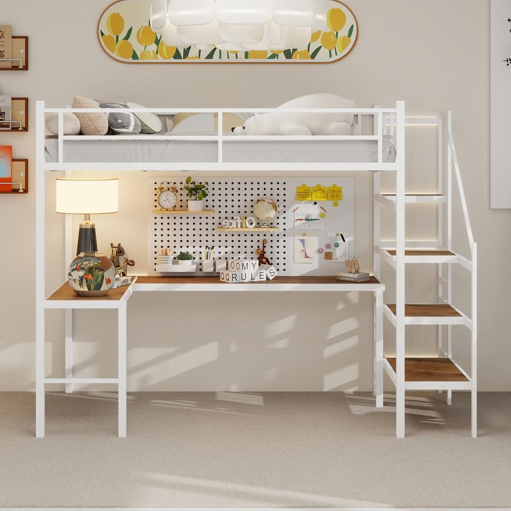 Cama alta 90x190cm com secretária em l, arrumação, prateleiras, branca