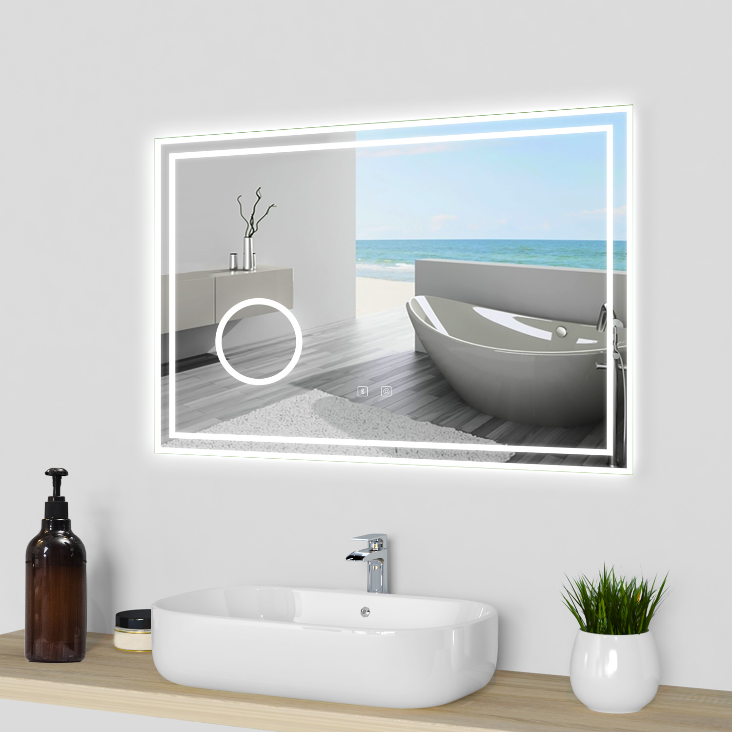 Espelho de casa de banho LED 80×60cm + bluetooth + espelho de aumento