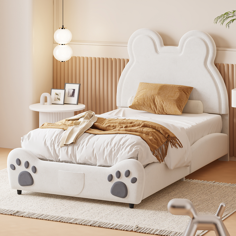 Cama infantil 90x200cm em formato de urso estofada veludo – branco