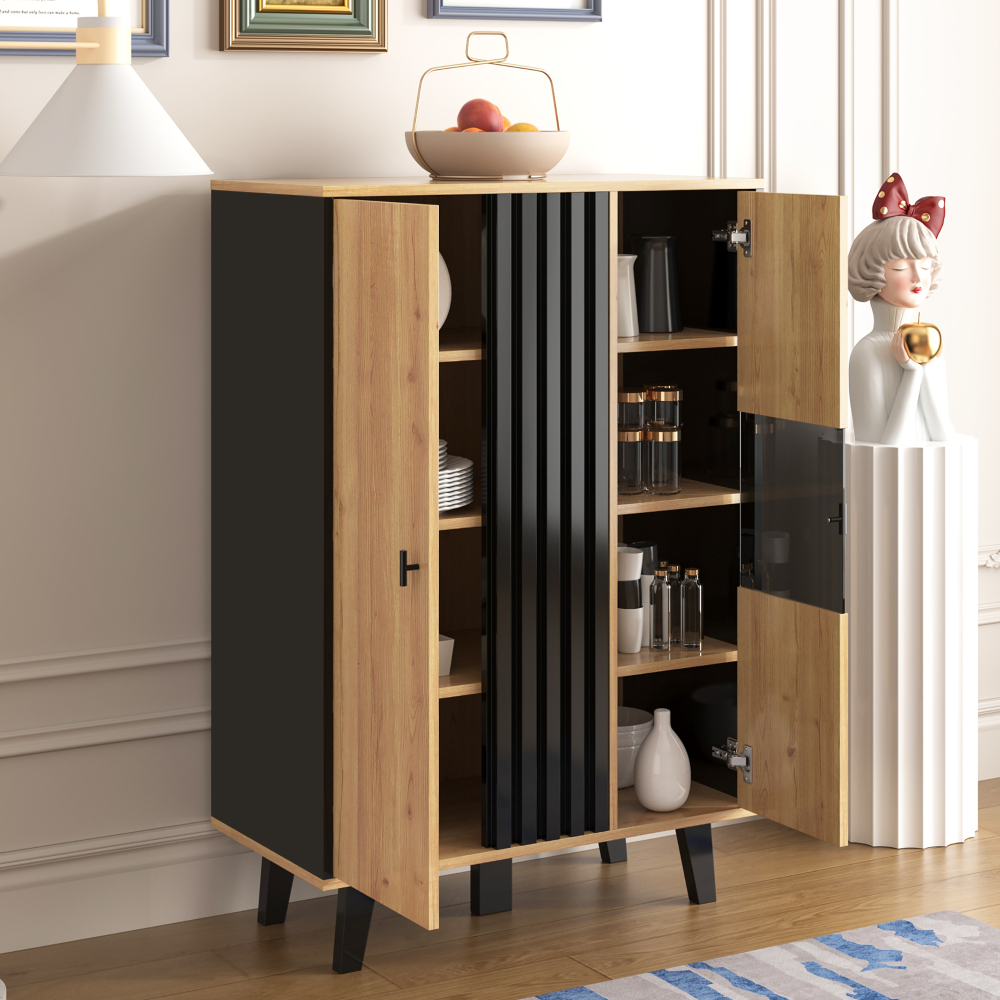 Vitrine com aparador madeira preto LED portas vidro 80x120x40cm