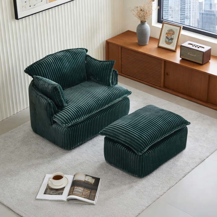 Poltrona com otomana em tecido aveludado verde design compacto
