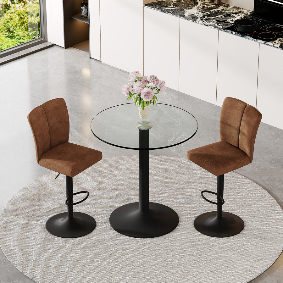 Conjunto mesa de bar redonda vidro e 2 bancos giratórios castanhos e pretos