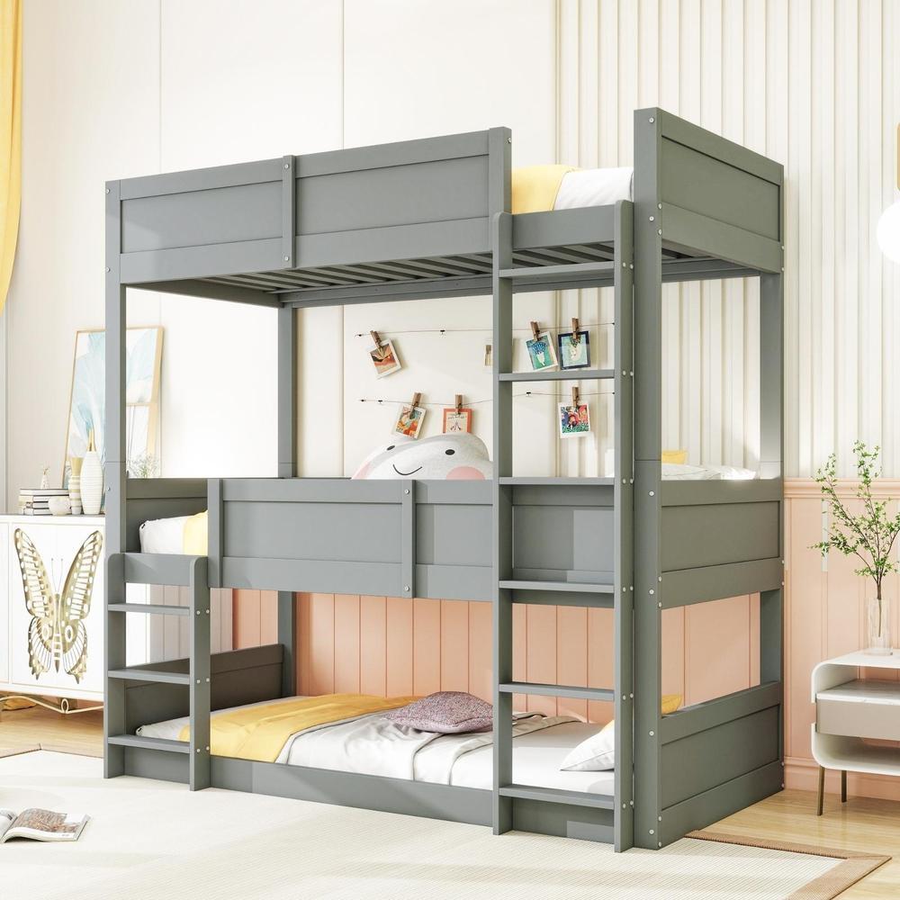 Beliche triplo 90x200cm infantil madeira com guarda-corpo alto cinza